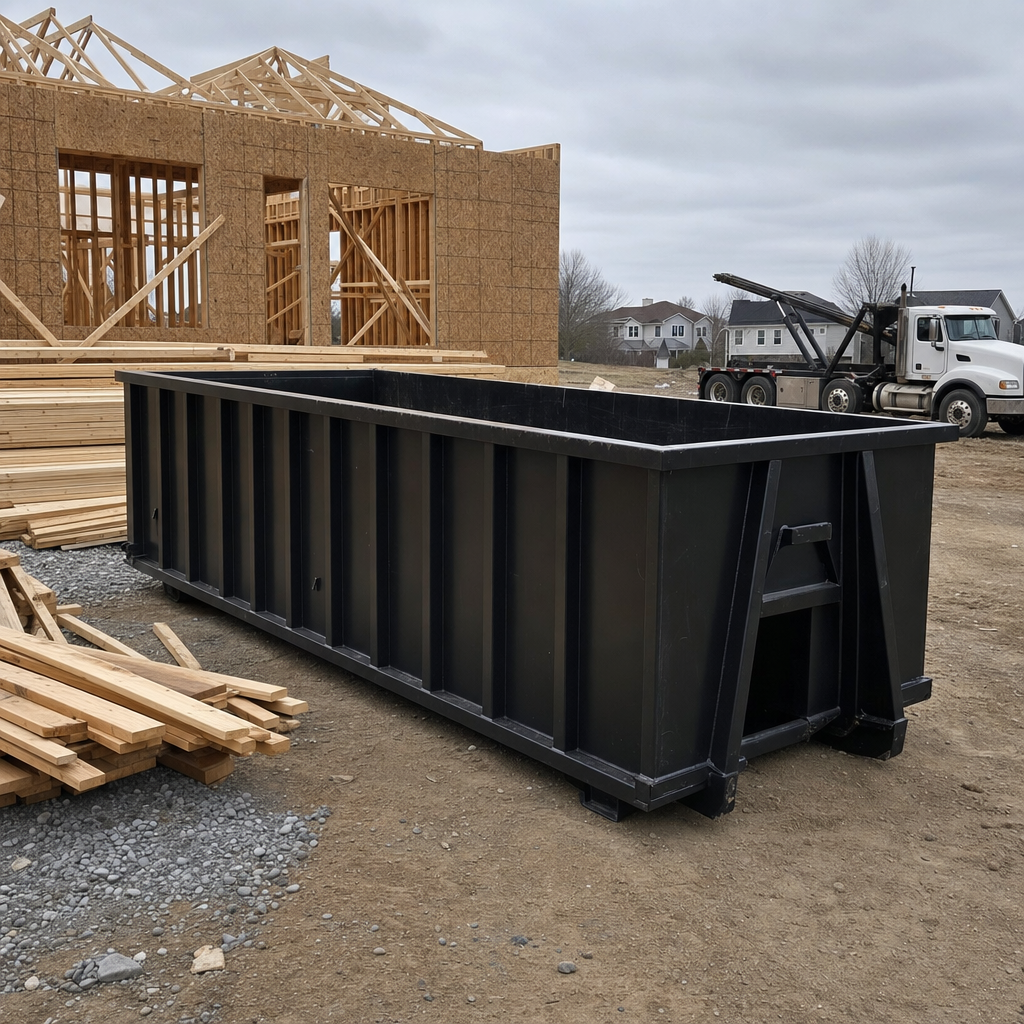 Matte-black 40-yard roll-off dumpster staged on a framed-out residential construction site in Anderson, framing lumber stacked nearby, hooklift delivery truck visible in the background under bright Colorado daylight
