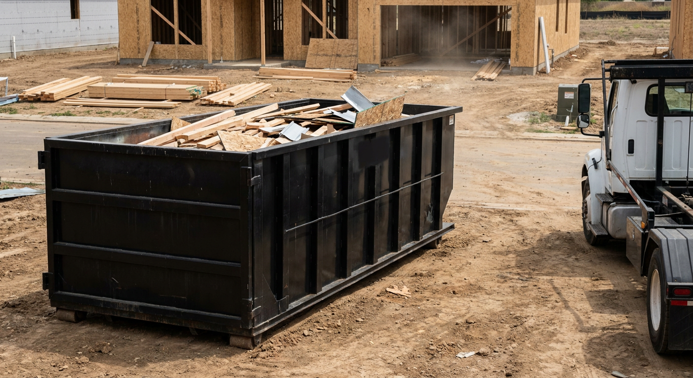 Matte-black 20-yard roll-off construction dumpster with heavy ribbed steel sidewalls and swing rear doors at a working jobsite in Anderson, sitting directly on compacted dirt with an unmarked white hauler partially visible at the far edge of the frame.