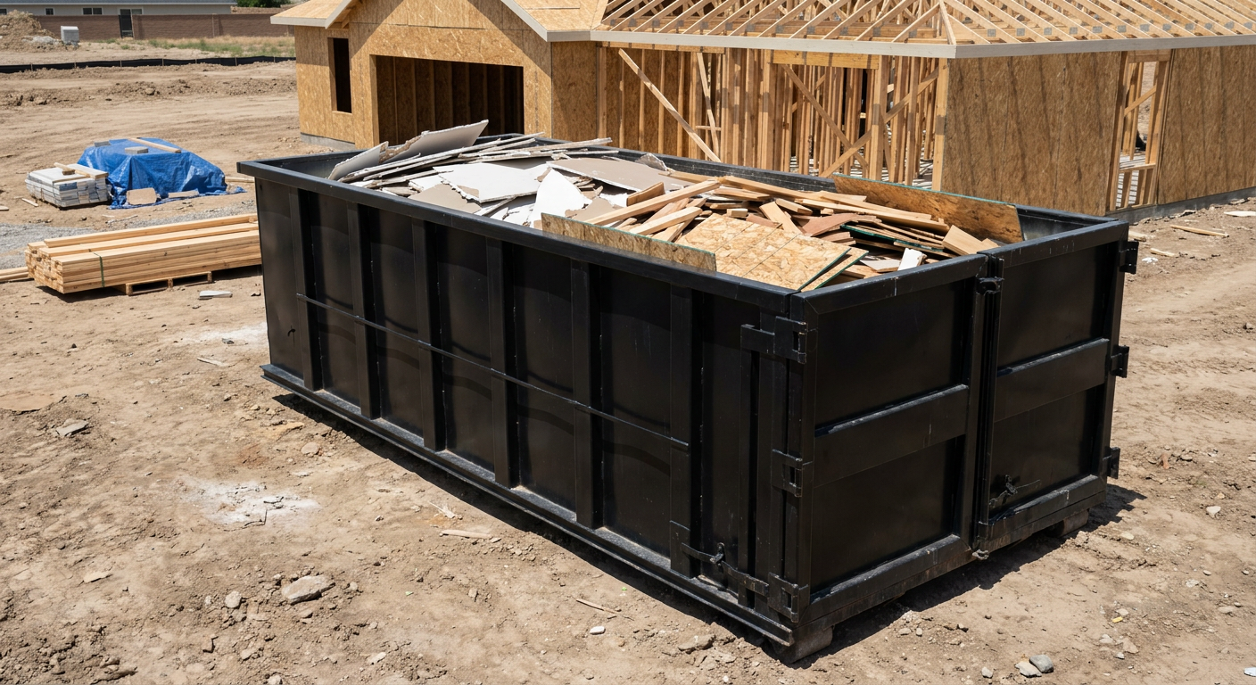 Matte-black 30-yard roll-off construction dumpster sitting directly on the compacted-dirt site of a framed single-family home build in Anderson, drywall and lumber scrap loaded inside.