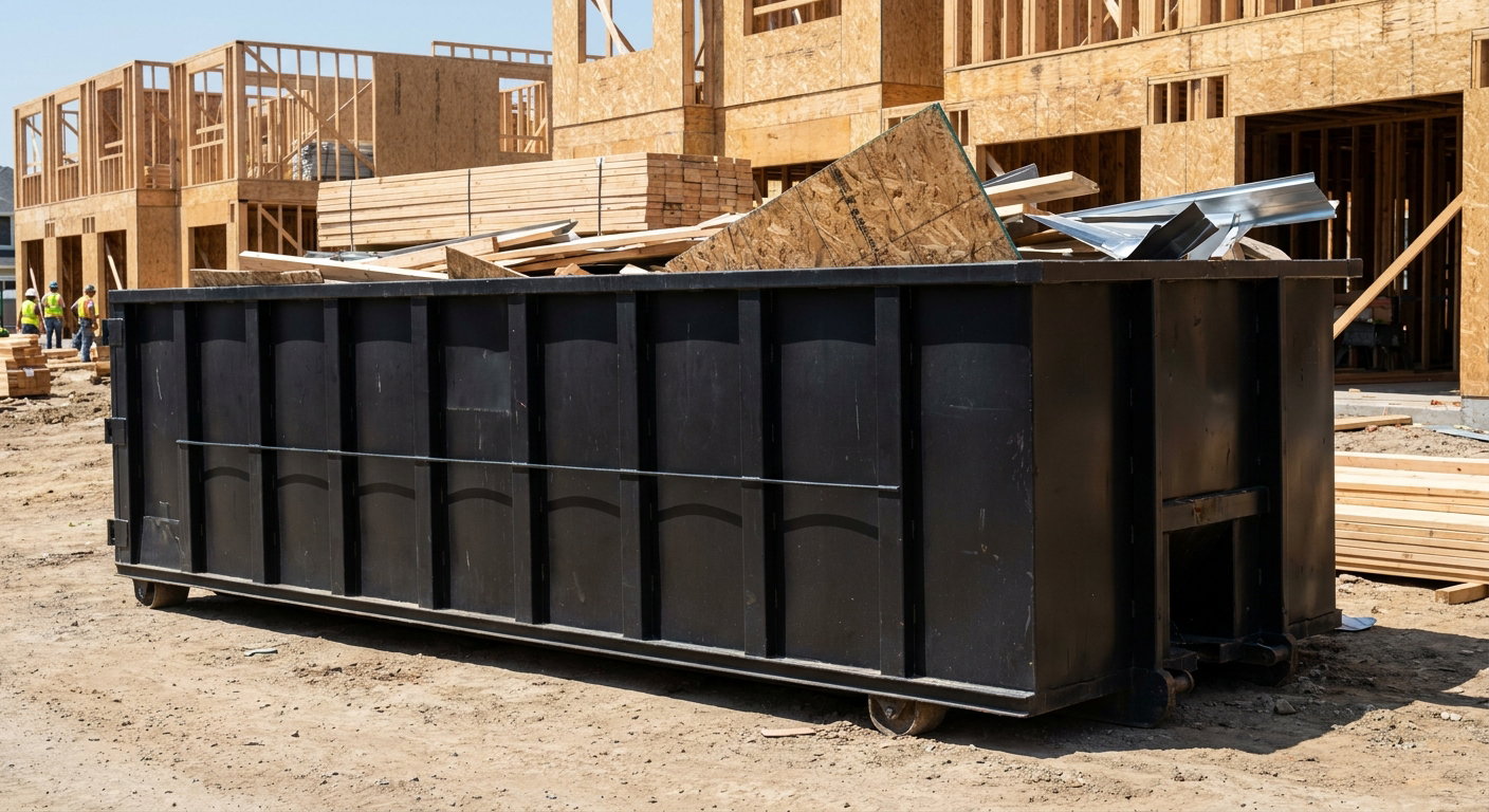Matte-black 40-yard roll-off construction dumpster being lowered from a white-cab hooklift delivery truck onto the compacted-dirt jobsite at a commercial build site in Anderson
