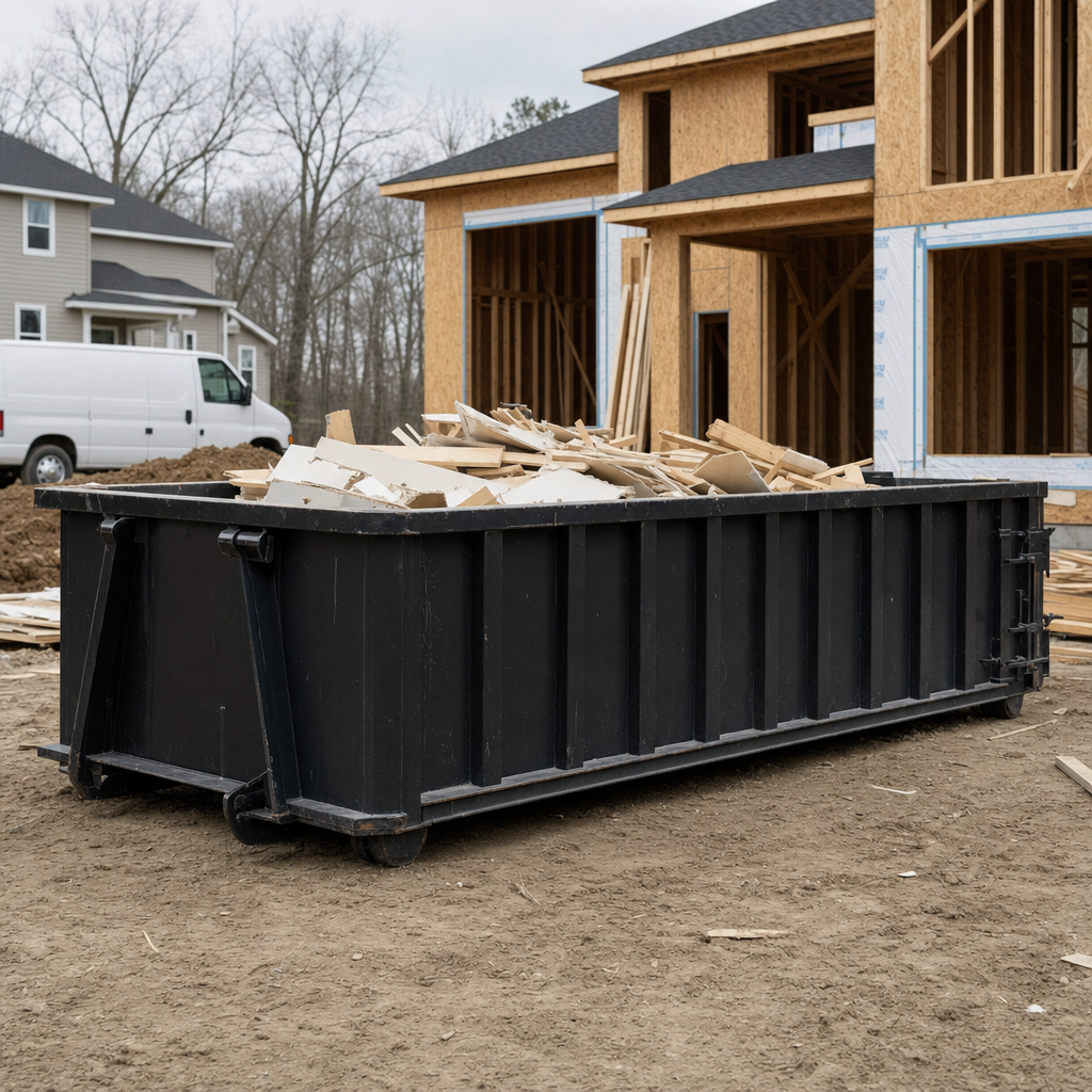 Worker in a yellow high-visibility vest tossing framing lumber and broken drywall into a matte-black 30-yard construction roll-off dumpster on an active build site in Anderson, bright daylight