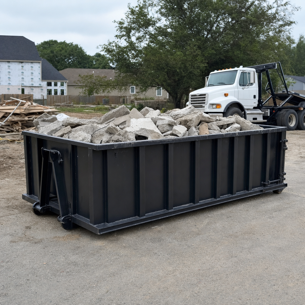 Low-profile matte-black lowboy roll-off dumpster loaded with broken concrete slab and rebar at a foundation tear-out in Anderson, skid steer parked beside it, sunny Colorado morning