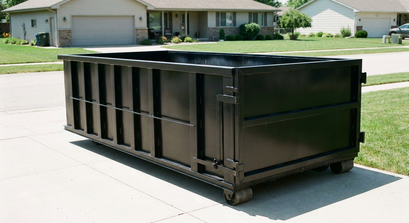 Matte-black 10-yard roll-off dumpster on a residential concrete driveway in Anderson, uniformly painted matte black across every panel and rail, ribbed steel sidewalls and rear swing door visible, mid-day daylight.