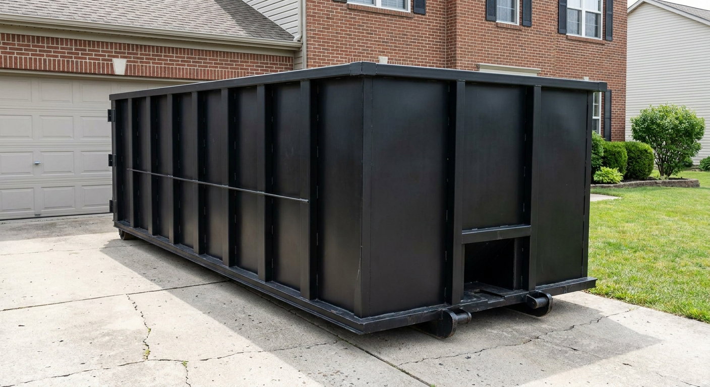 Matte-black 20-yard roll-off container on a Anderson residential concrete driveway with reinforced ribbed steel sidewalls and a hinged rear walk-in door, clean bright daylight.