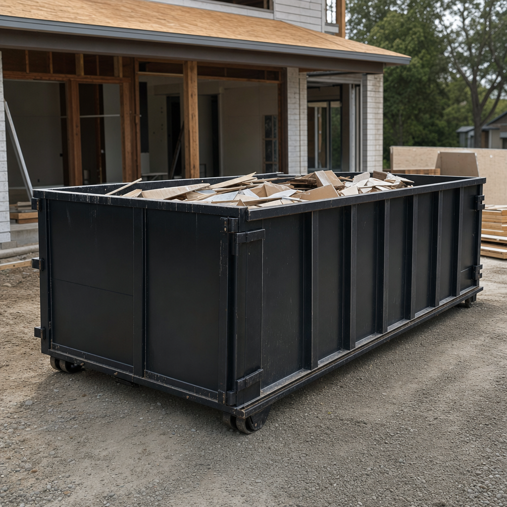 Large matte-black 30-yard construction roll-off dumpster at an active Anderson jobsite, steel-gray top rails and bottom rollers visible, loaded with construction debris.