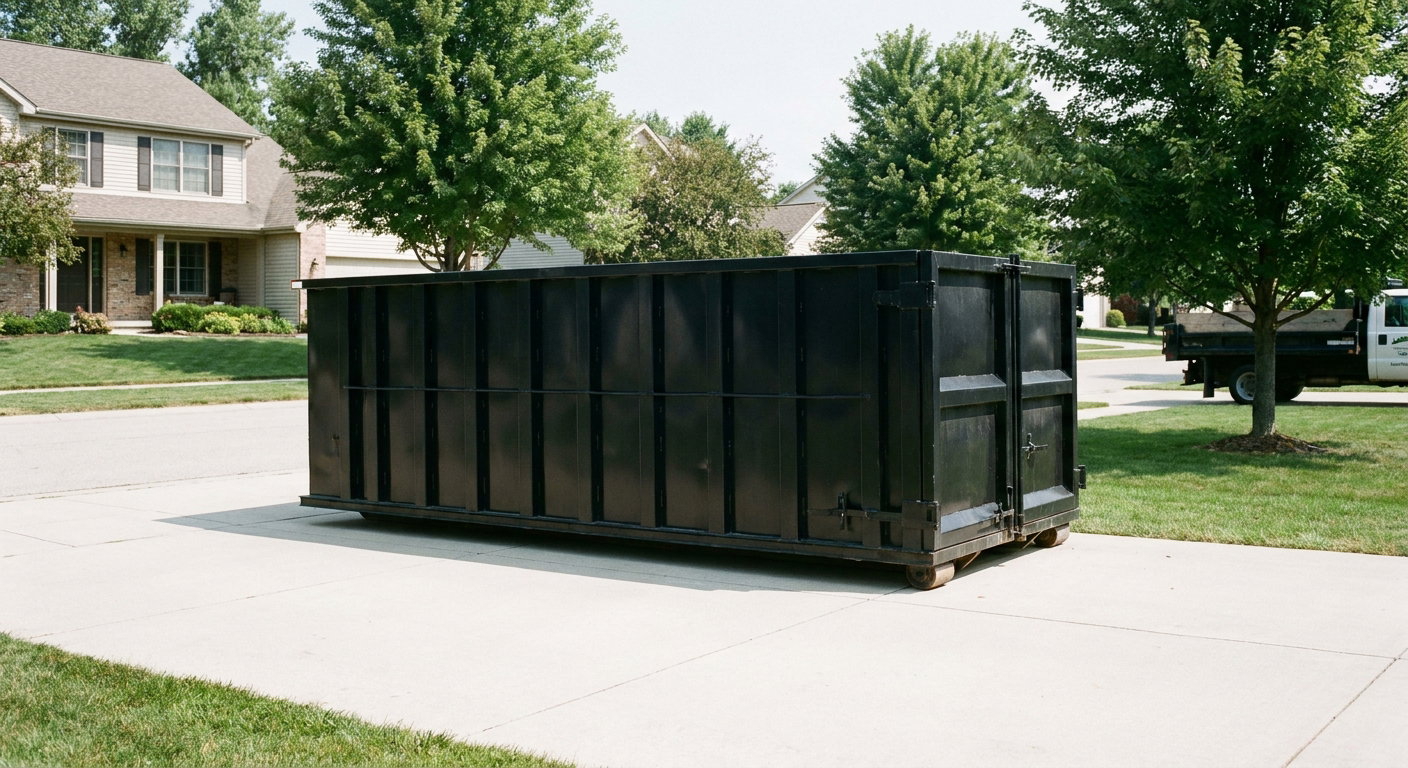 Matte-black 20-yard roll-off dumpster sitting level on a clean Anderson residential concrete driveway under bright daylight, demonstrating clean placement directly on the concrete.