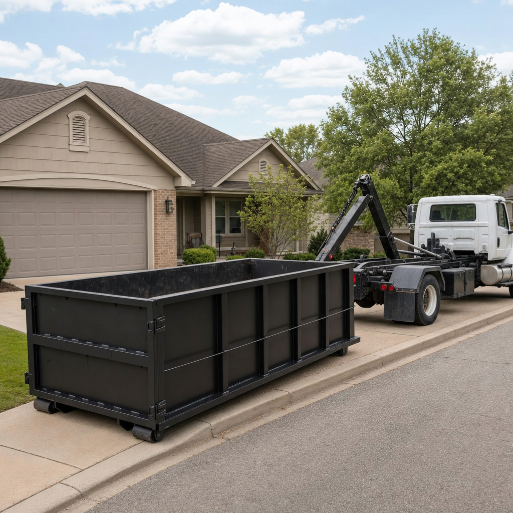 Wide documentary shot of a matte-black roll-off dumpster on a Anderson residential driveway in the foreground and a contractor jobsite container in the soft-focus background, bright daylight, calm and orderly composition.