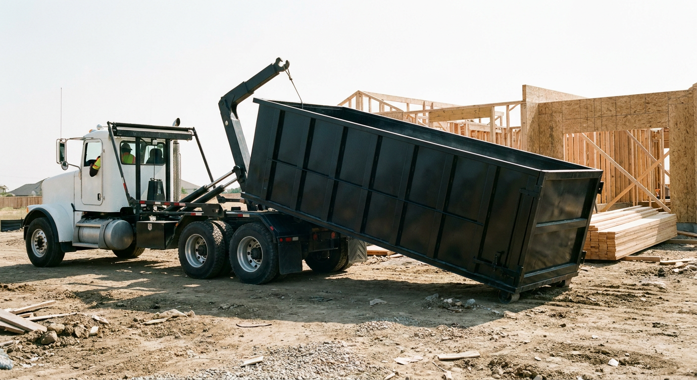 Matte-black roll-off dumpster being delivered onto a clean residential concrete driveway in Anderson by an unmarked white hooklift hauler truck, bright morning daylight, documentary 35mm perspective.