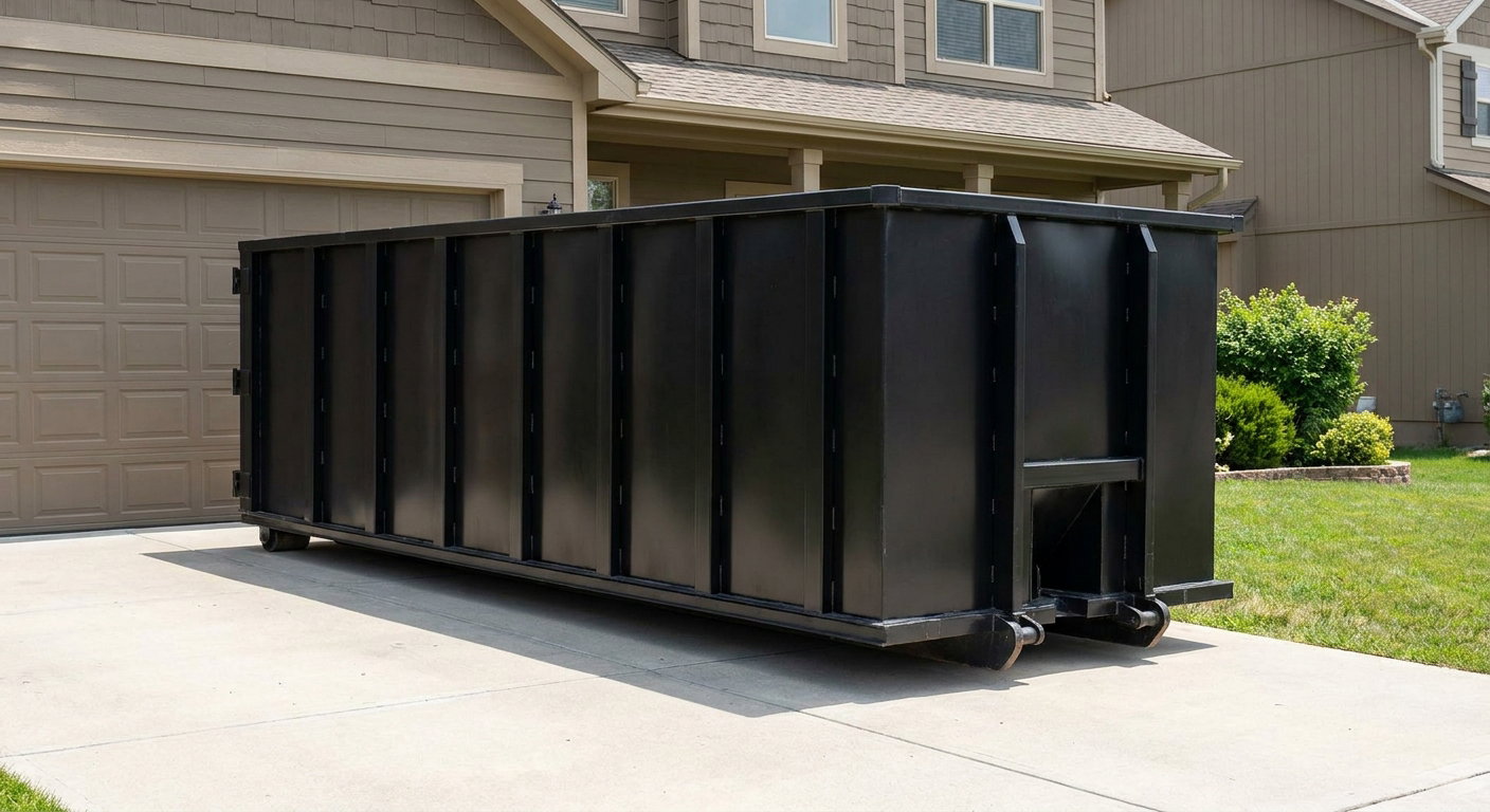 Matte-black residential roll-off dumpster sitting directly on a suburban Anderson concrete driveway, garage door closed, single-family home in background, bright morning daylight.