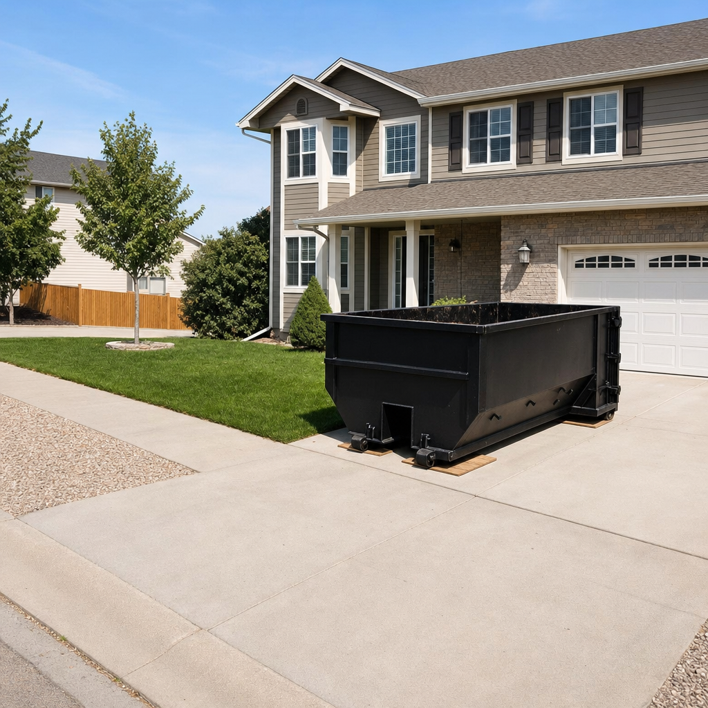 10-yard matte-black residential dumpster placed directly on a narrow Anderson concrete driveway, room remains for a parked sedan beside it, mid-morning natural light