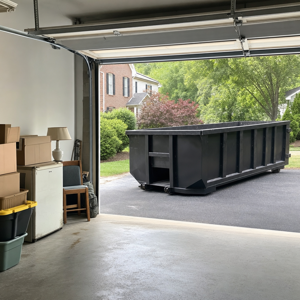 Open garage interior in a Anderson home mid-cleanout — boxed items, an old appliance, and stacked yard tools queued near the driveway for a matte-black roll-off dumpster, organized and calm