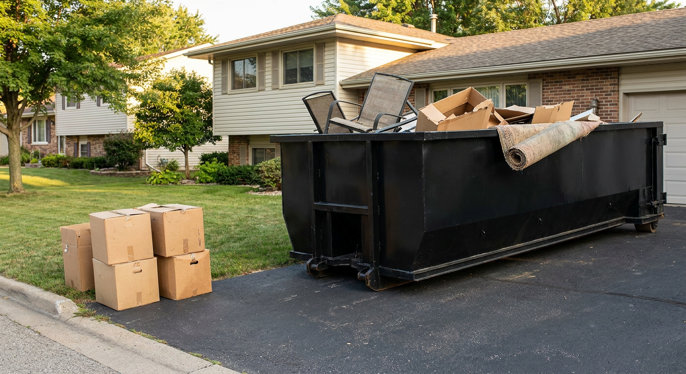 Front-yard view of a Anderson split-level home with a 20-yard matte-black roll-off dumpster sitting directly on the asphalt driveway, a few clearly labeled donation boxes staged at the curb, calm sunny afternoon.
