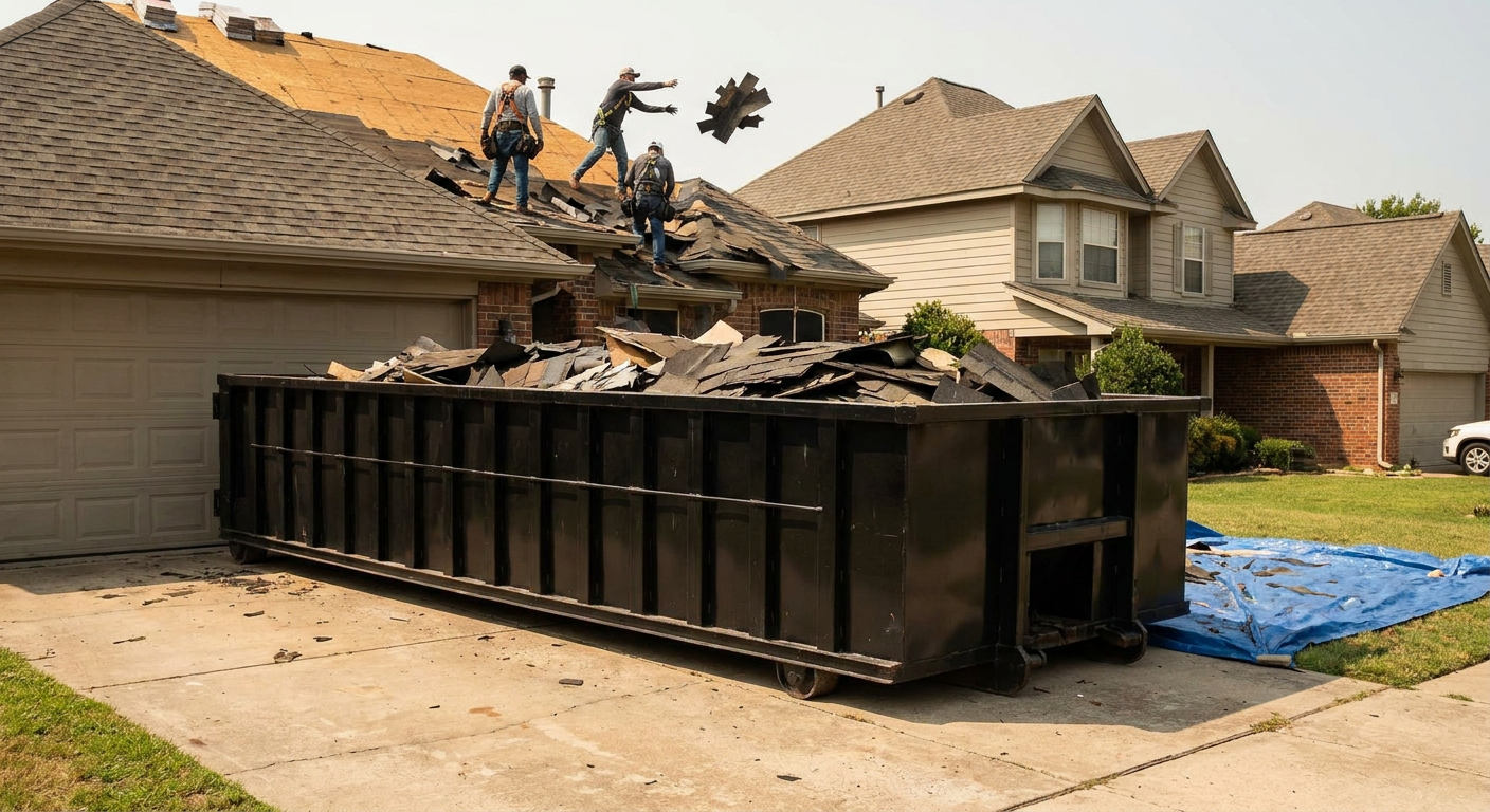 Matte-black roofing roll-off dumpster placed directly on a Anderson residential concrete driveway, a tear-off crew on a two-story asphalt-shingle roof tossing shingle bundles into the low-walled container, bright daylight, documentary 35mm perspective.