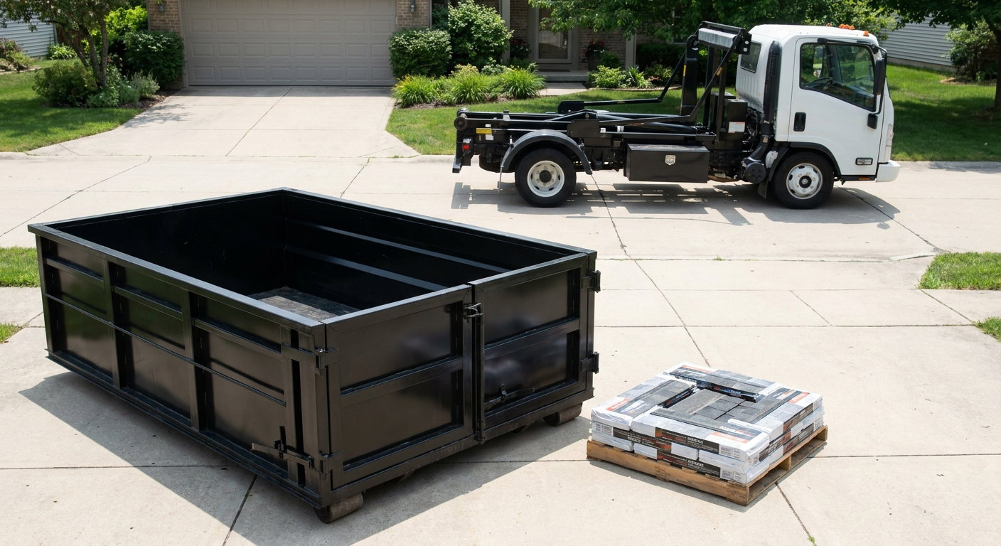 Matte-black 15-yard roofing roll-off dumpster with reinforced low side walls sitting directly on a Anderson residential concrete driveway, three-tab asphalt shingle bundles stacked nearby, an unmarked white hauler truck partially visible at the edge of the frame.