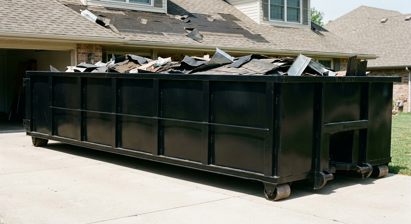 Matte-black 20-yard roofing roll-off dumpster with steel ribbed sides and swinging rear door, sitting directly on the concrete driveway of a two-story Anderson home, asphalt shingle debris being loaded over the low wall, clean documentary lighting.