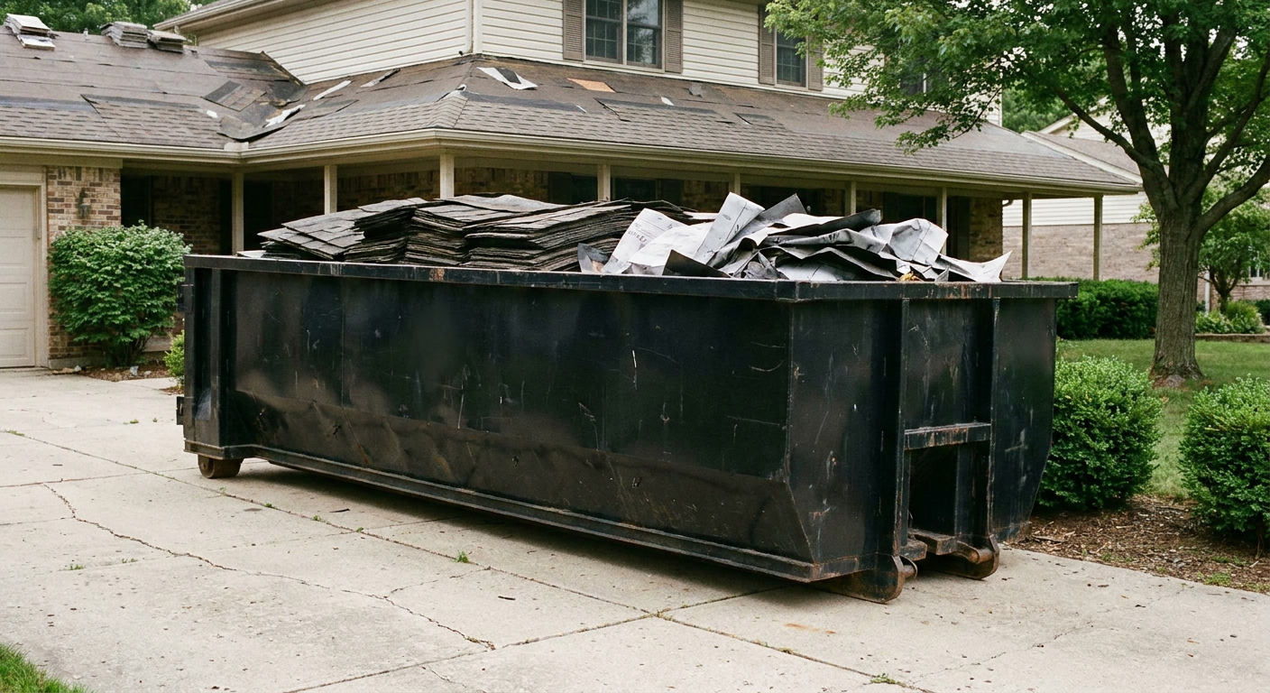 Matte-black 30-yard roofing roll-off dumpster sitting directly on a Anderson concrete driveway, taller ribbed steel side panels, mixed tear-off debris of asphalt shingles and underlayment inside, professional documentary daylight.