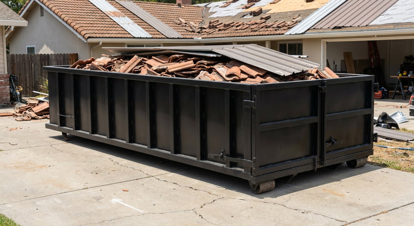 Matte-black low-wall heavy-debris roofing roll-off dumpster sitting directly on a Anderson concrete driveway, broken concrete clay roof tiles and metal panel sections loaded inside, reinforced ribbed steel side walls visible, bright outdoor daylight.