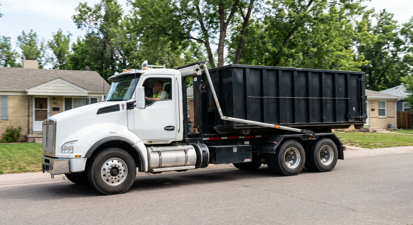 A wide documentary shot of a matte-black roll-off delivery truck pulling onto a quiet Anderson residential street at mid-morning, with neighborhood rooftops and tree-lined blocks visible behind, showing the metro coverage footprint.