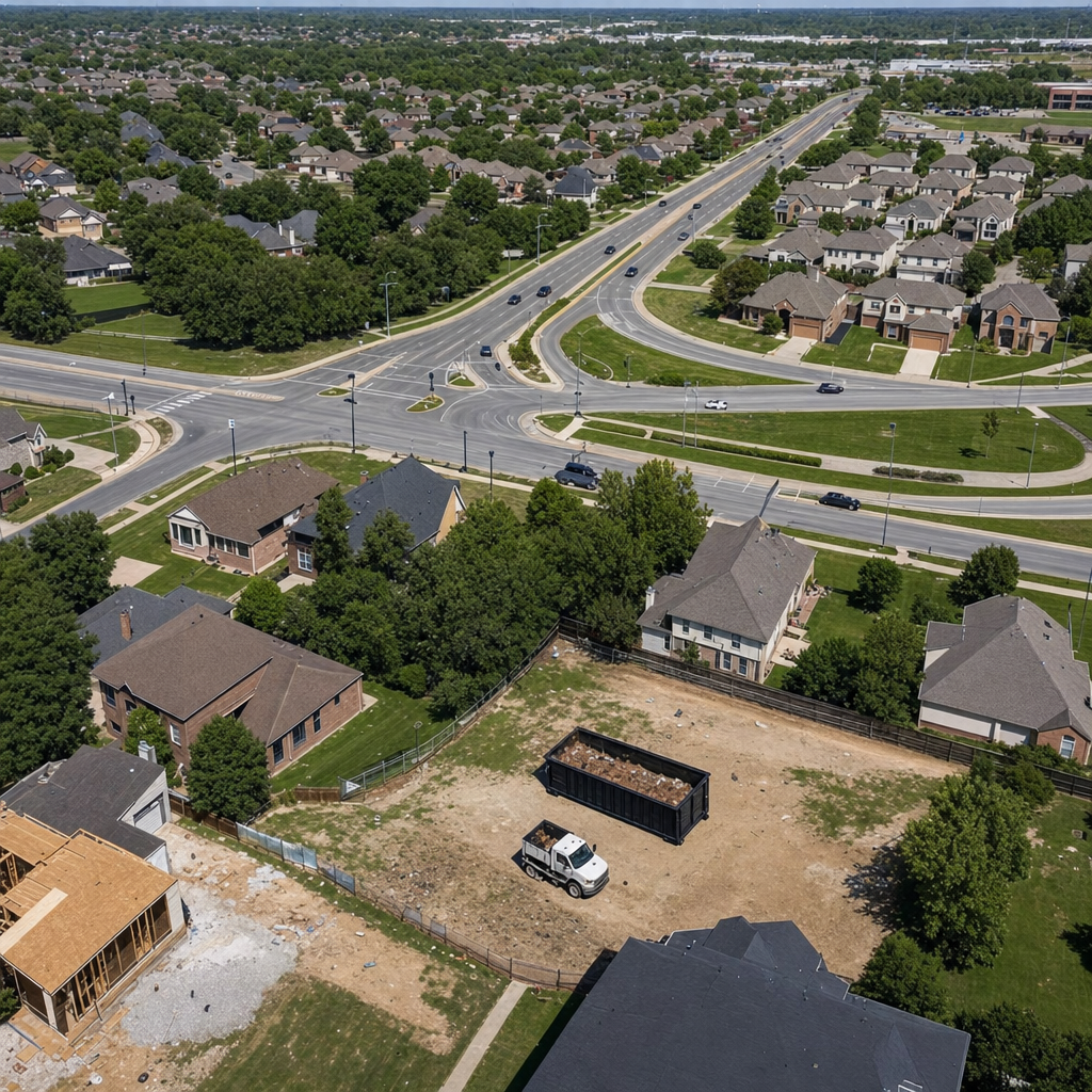 An overhead documentary view of the Anderson metro area at midday, showing the spread of neighborhoods, arterial roads, and the dispatch radius from a central yard — clean daylight, organized geographic layout.