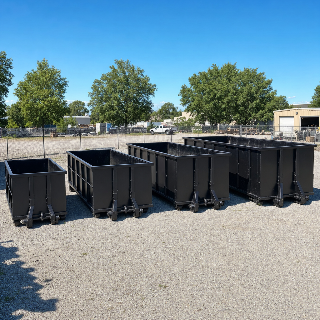 A clean lineup of matte-black roll-off dumpsters in 10, 20, 30, and 40-yard sizes staged on a sunlit gravel yard in Anderson, showing the size progression from compact to commercial-scale containers.