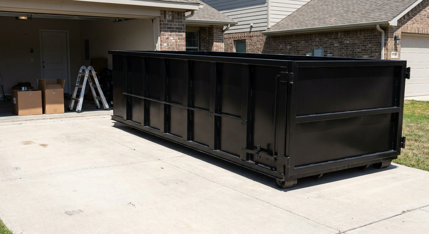 A matte-black 10-yard roll-off dumpster sitting directly on a residential Anderson concrete driveway, mid-day sunlight, clean and ready for a garage cleanout.