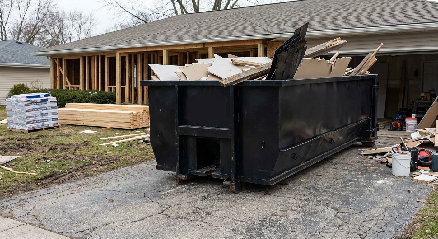 A matte-black 20-yard roll-off dumpster placed alongside a mid-renovation Anderson home directly on the asphalt driveway, with framing materials and torn-off shingles staged neatly nearby.