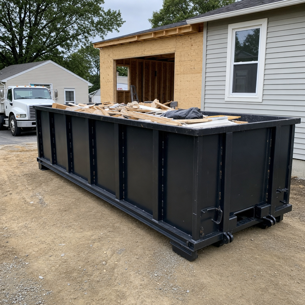 A matte-black 30-yard roll-off dumpster positioned at a Anderson residential addition jobsite, with framing lumber and drywall scraps loaded through the open swinging rear doors.