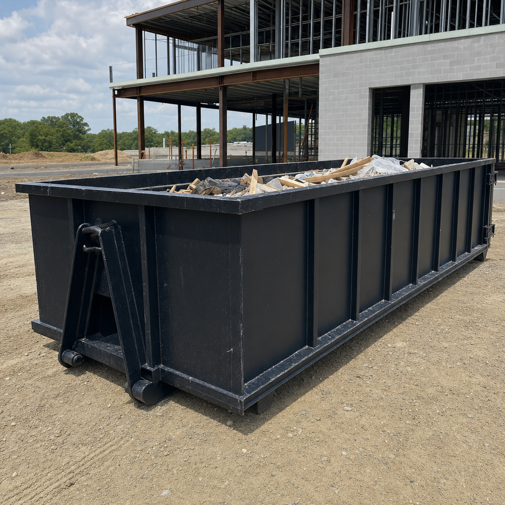 A matte-black 40-yard roll-off dumpster staged on a large Anderson commercial construction lot, with a hooklift delivery truck parked alongside under bright midday sky.