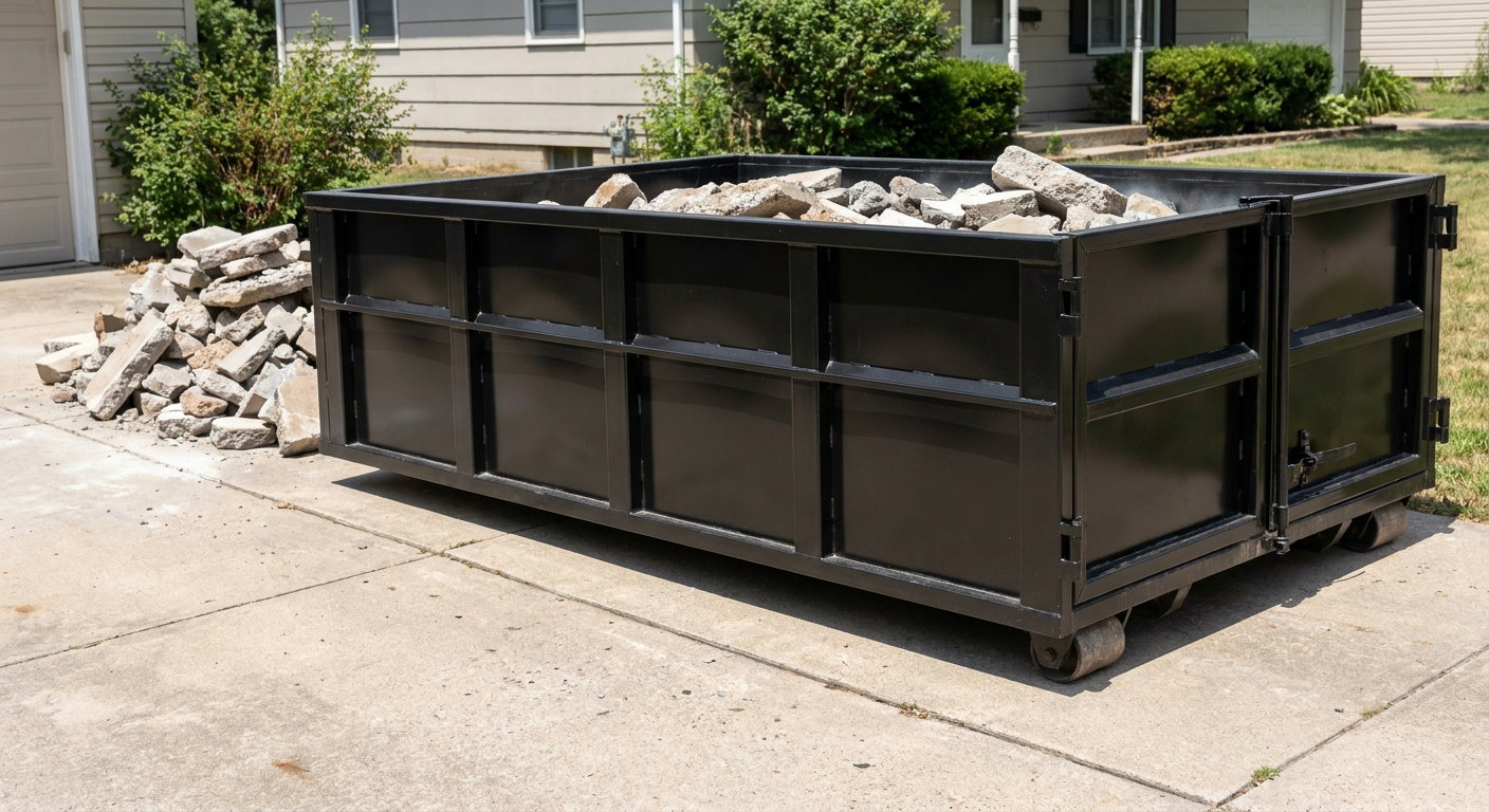 A matte-black low-side heavy-debris roll-off dumpster placed directly on a Anderson concrete driveway, with broken concrete chunks neatly stacked beside it under clean daylight.